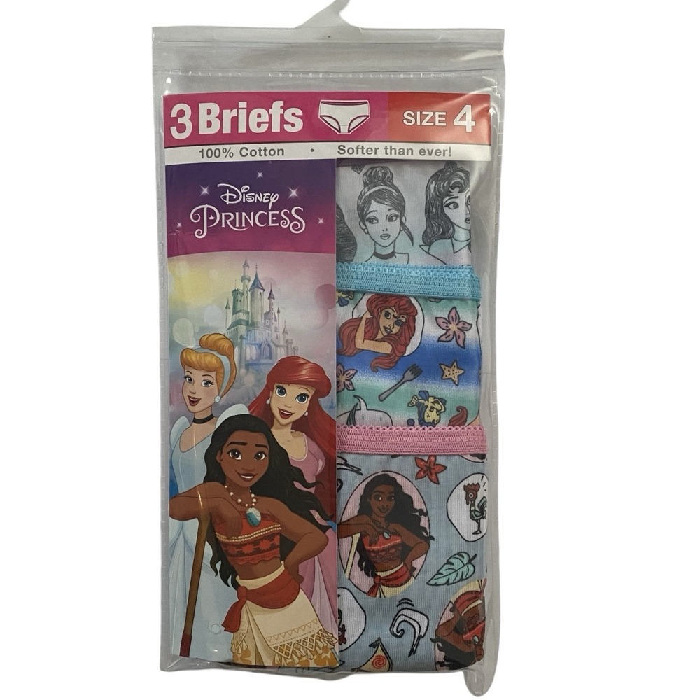 Disney Princess Girls Briefs Size 4 100% Cotton Underwear Cinderella Ariel 3Pack